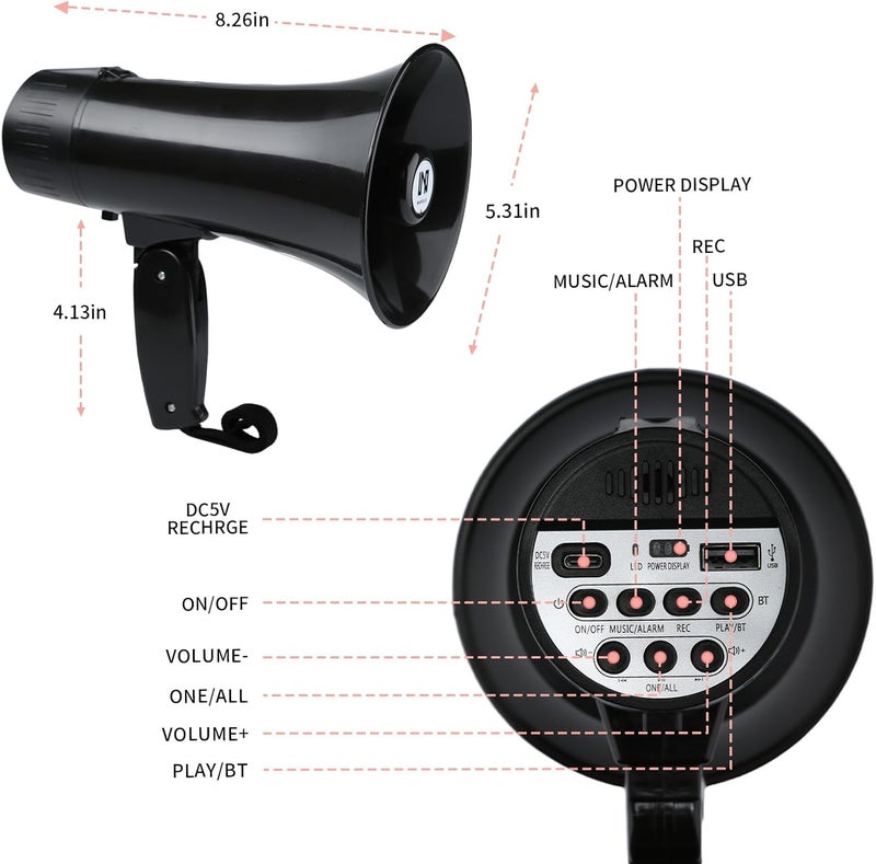 MGROLX 20 Watt Rechargeable Megaphone Bullhorn with Siren and 240s Recording, BT and USB Input, Megahone Speaker with Power Display and Portable Strap (Black) - Image 2